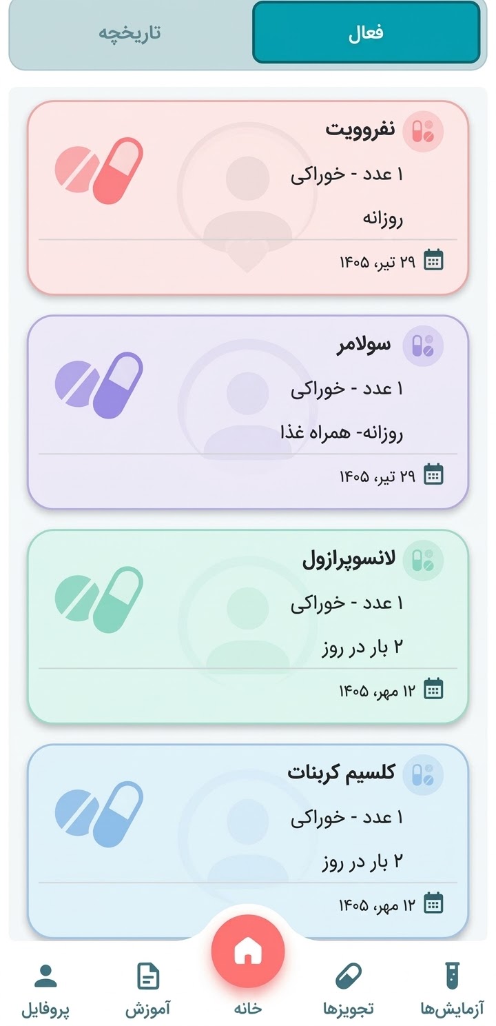۸. فهرست داروها و یادآور مصرف؛ پشتیبانی از نظم دارودرمانی